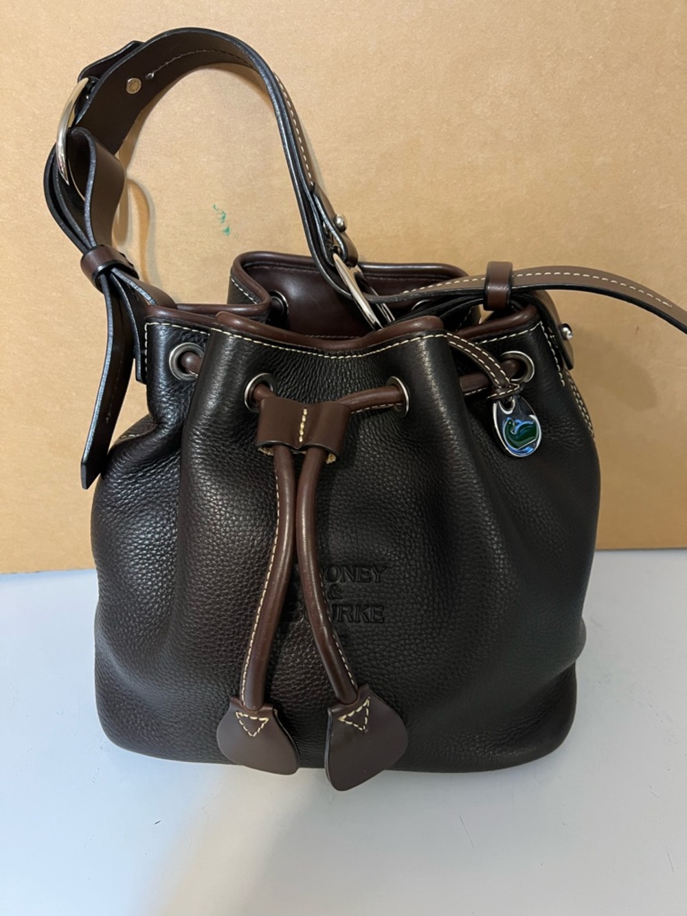 Dooney Leather Drawstring Shoulder Bag in Dark Brown